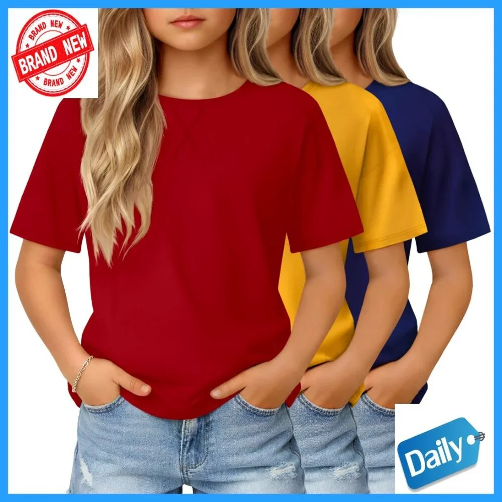 3 Pack Girls' Short Sleeve Tees Summer Casual Crew Neck Tops 5-14 Years